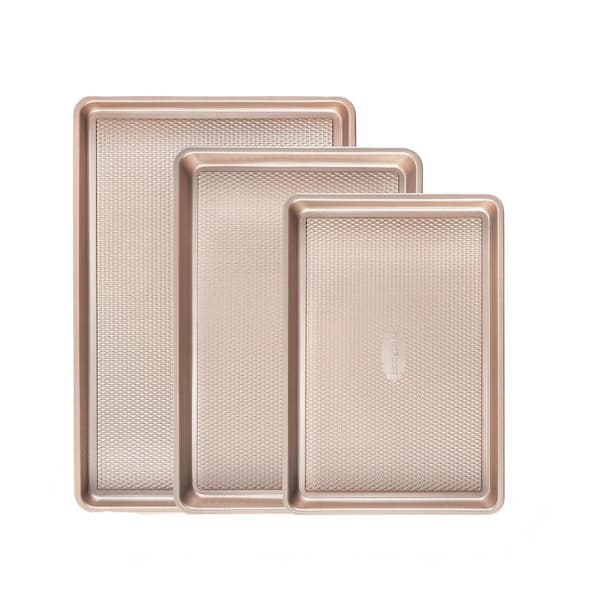 3-Piece Carbon Steel Baking Pan Set, Champagne Gold Nonstick Cookie Sheets, 0.8mm Thick Heavy Duty Cookie Tray for Oven