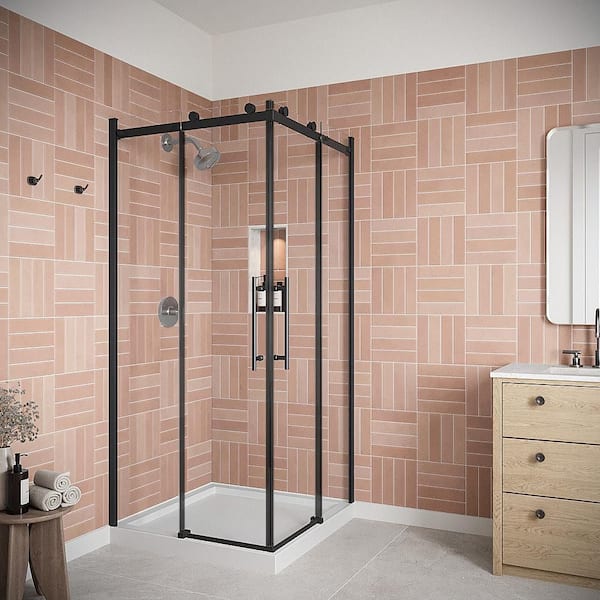 Borbera 36 in. x 76 in. Semi-Frameless Sliding Shower Door w/ CrystalTech Treated 5/16 in. Glass, Matte Black Hardware