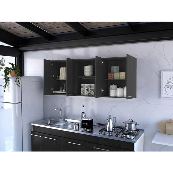 59 in. W x 12.4 in. D x 23.6 in. H Black Wood Ready to Assemble Wall Kitchen Cabinet with Center Glass Doors
