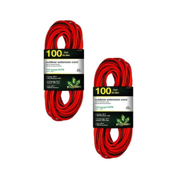 GoGreen Power (G-13800-2) 100 ft. 14/3 Indoor Heavy Duty Extension Cord, Orange, 2 PACK