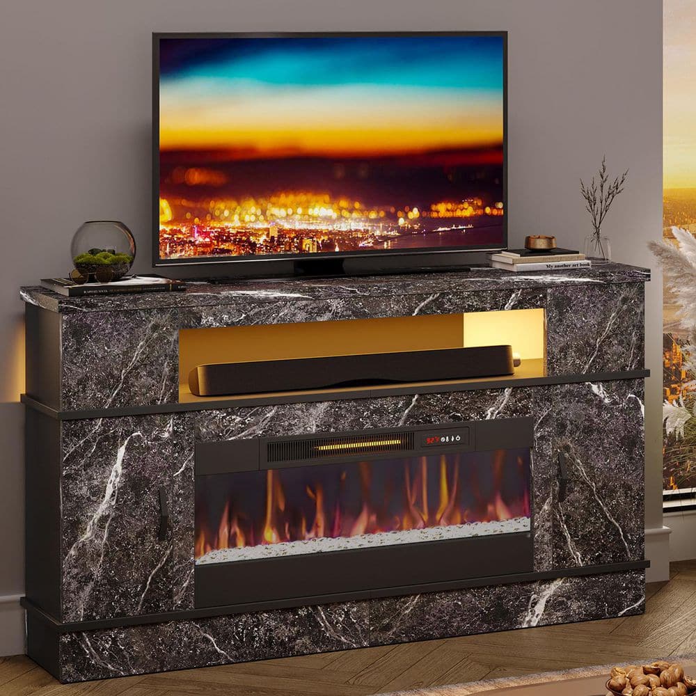 Bestier 63 Black Marble Freestanding Electric Fireplace TV