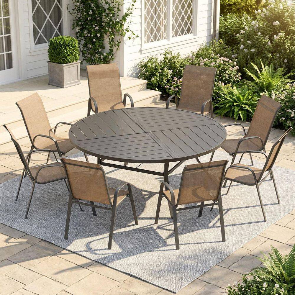 9-Piece Metal Outdoor Dining Set with 53.1 in. Black Round Dining Table and 8 Stackable Textilene Chairs in Brown Fabric price history on PriceWatchPro