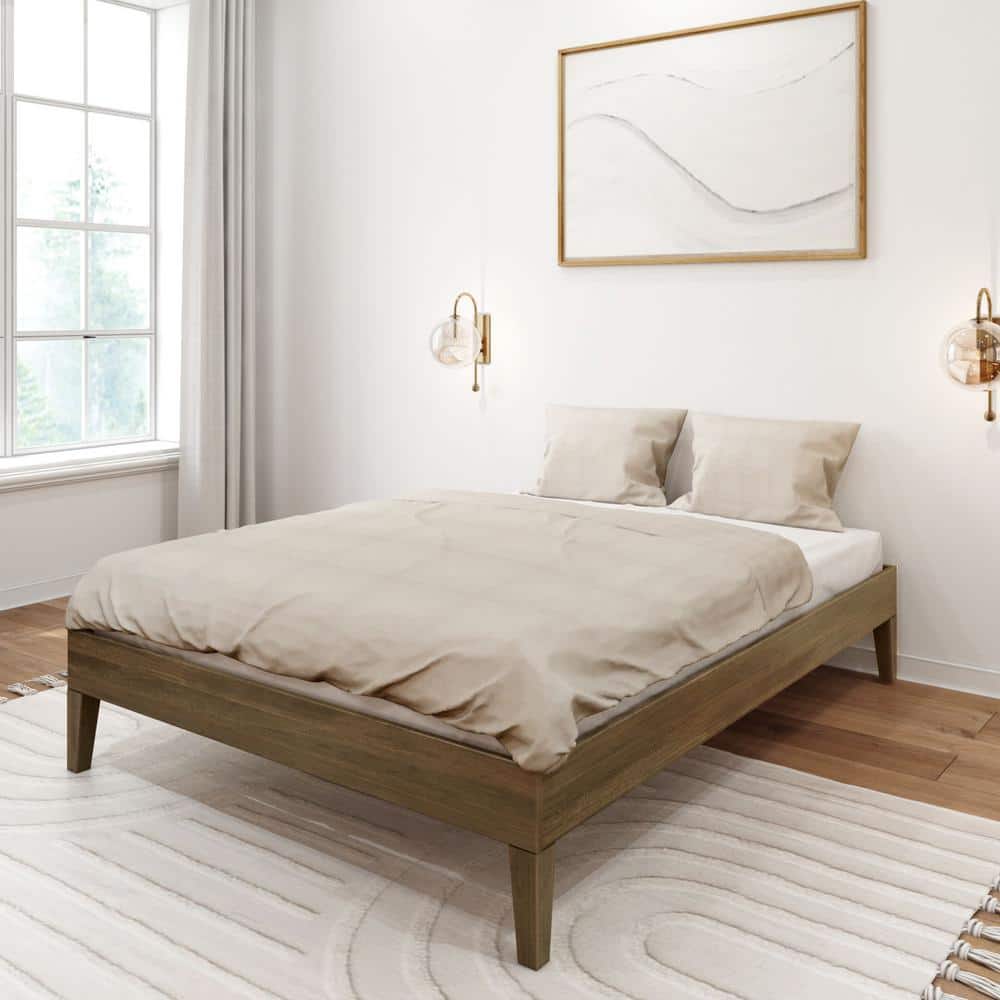 Walnut Full Size Solid Pine Platform Bed Frame with Slats