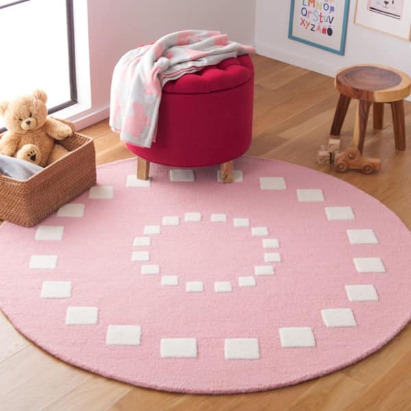 Kids 5 ft. x 5 ft. Pink/Ivory Geometric Border Radial Round Area Rug
