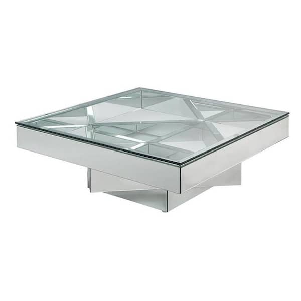 Benjara 40 In Silver Clear Medium Square Glass Coffee Table With Pedestal Base Bm186936 The Home Depot