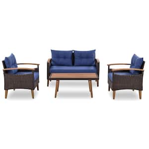 Brown 4-Piece Wicker Patio Conversation Sofa Set with Blue Cushions, Wood Table and Legs