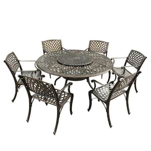 Contemporary Modern 7-Piece Bronze Aluminum Outdoor Dining Set with Lazy Susan and 6-Chairs