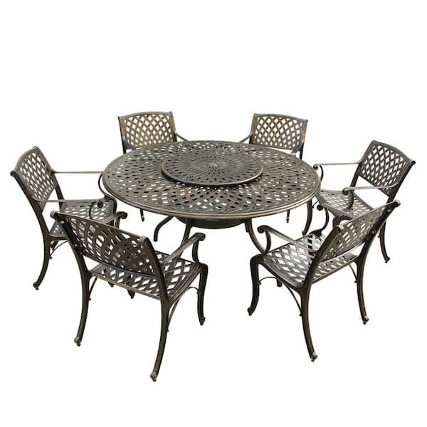 Contemporary Modern 7 Piece Bronze Aluminum Outdoor Dining Set With Lazy Susan And 6 Chairs Hd1022 1016 Bz - Bronze Aluminum Patio Set