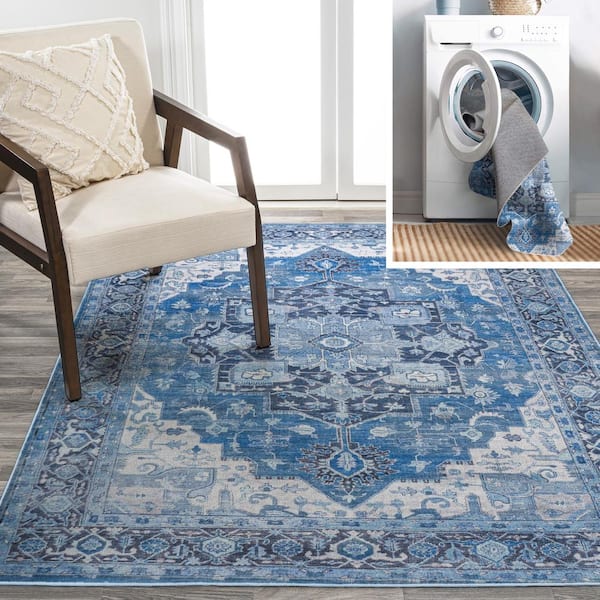 Maris Ornate Blue/Navy 9 ft. x 12 ft. Medallion Washable Area Rug