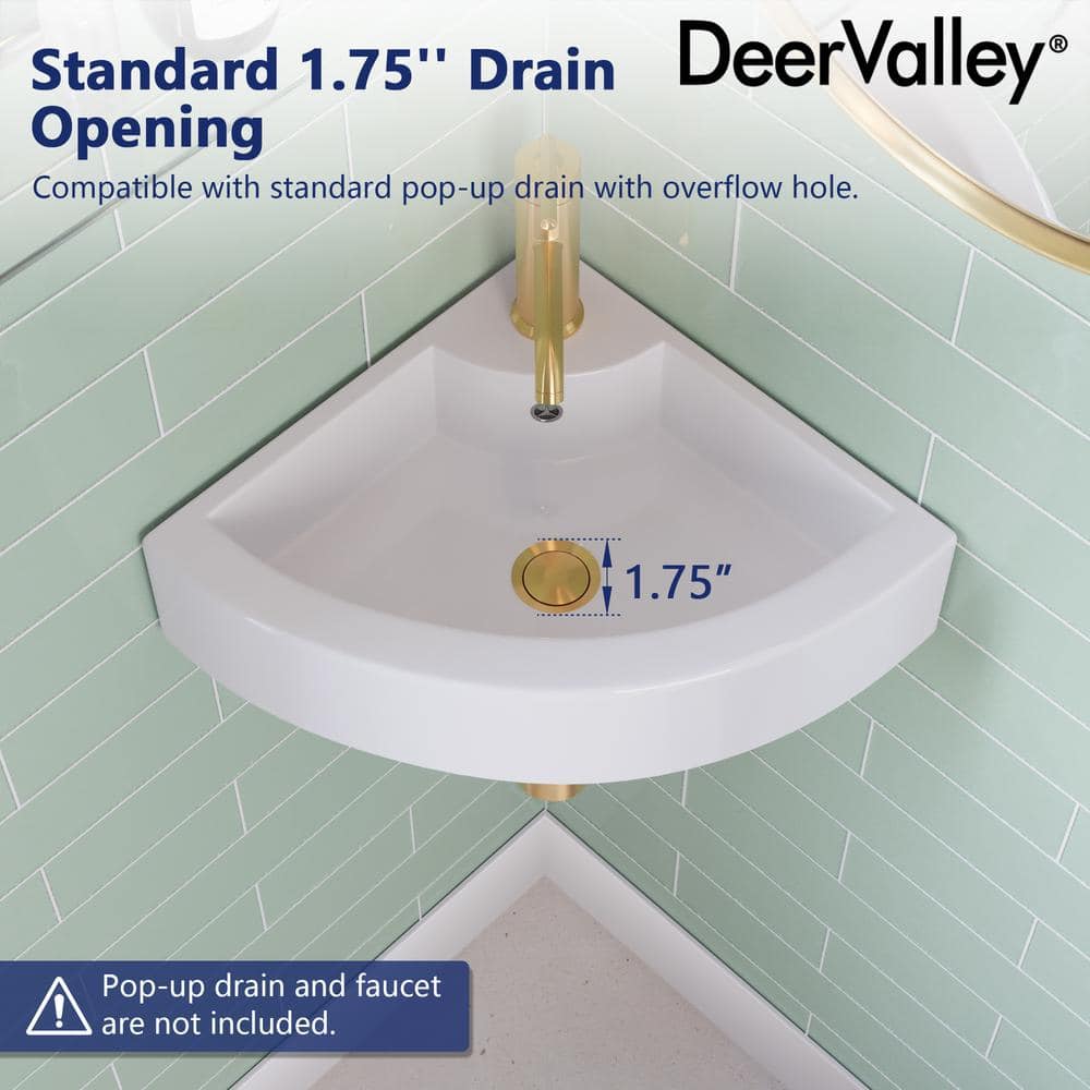 White Ceramic Wall-Mount Corner Bathroom Sink with Faucet Hole