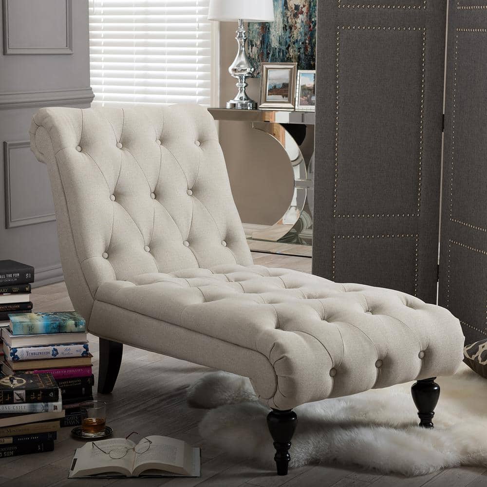Layla Mid-Century Light Beige Leather & Wood Button-Tufted Chaise Lounge