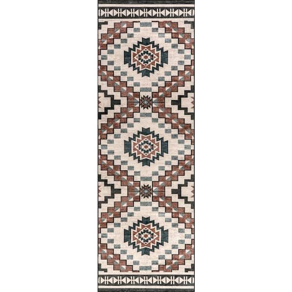 Violeta Timeless Medallion Spill Proof Washable Beige 3 ft. x 8 ft. Indoor Runner Rug