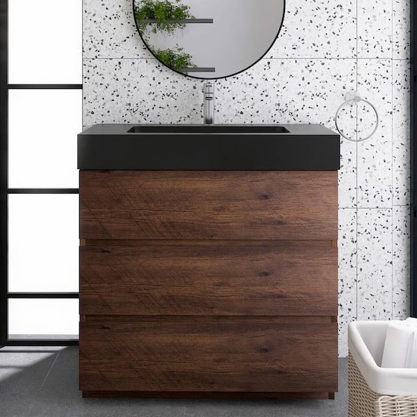 JimsMaison 36 in. W x 18 in. D x 37 in. H Freestanding Bath Vanity in Walnut with Black Engineered Quartz Composite Top