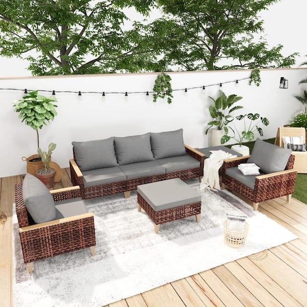 7-Pieces Brown Wicker Outdoor Sectional Sofa with Ottomans and Gray Cushions for Pool Patio Backyard