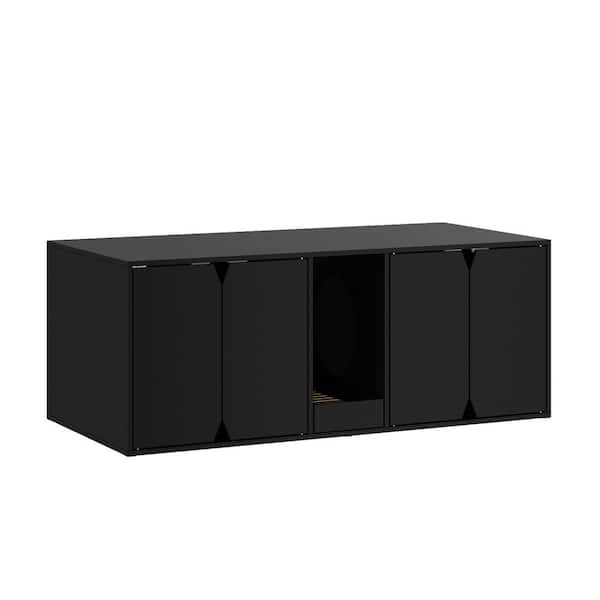 FUFU&GAGA Cat Litter Box Enclosure Furniture for 2 Cats, Indoor Large Modern Wooden 4-Door Cat Washroom with Double Room, Black