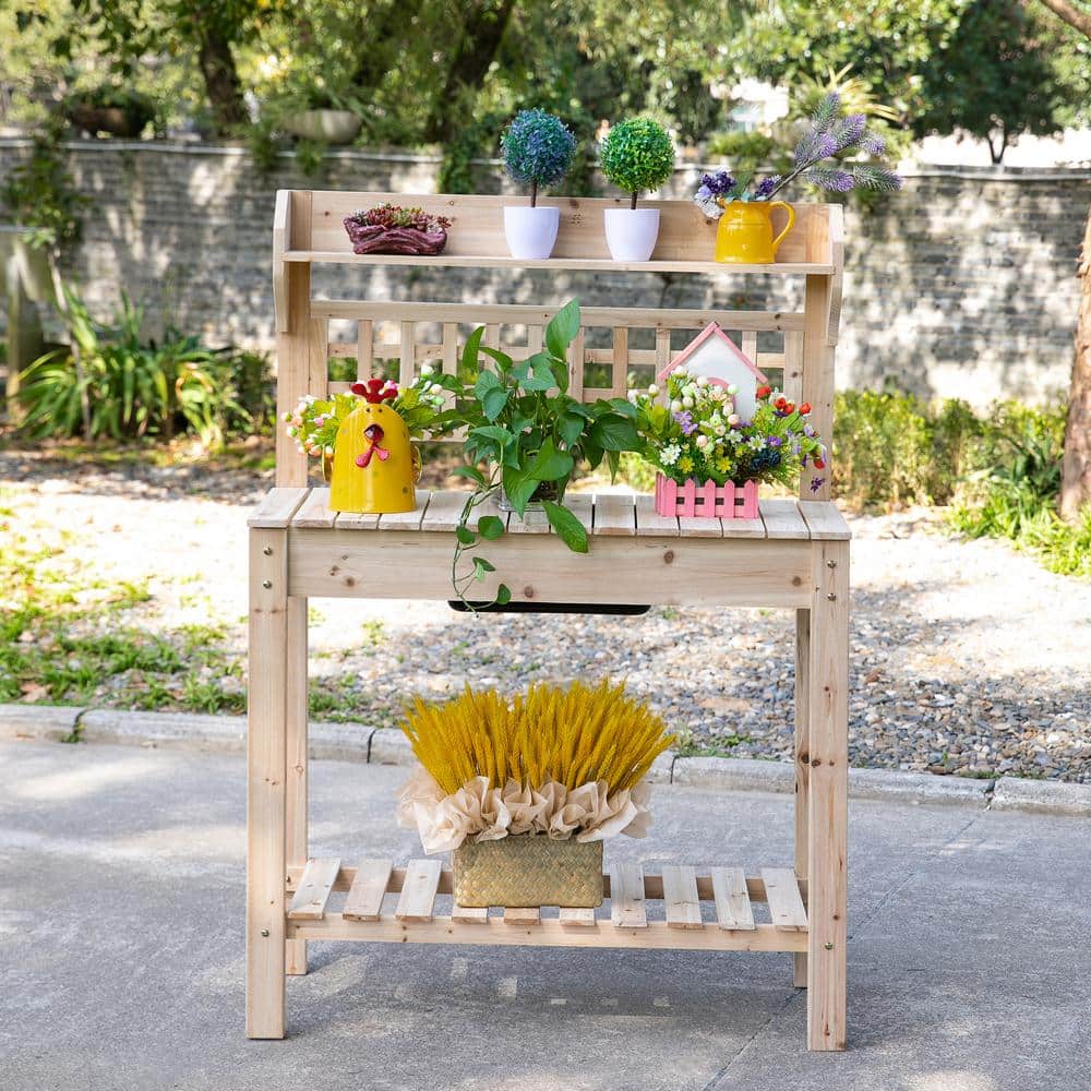 Natural Fir Wood Garden Potting Bench with Hidden Storage