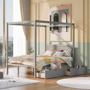 Gray Full Size Canopy Platform Bed with 2-Drawers, With Slat Support Leg