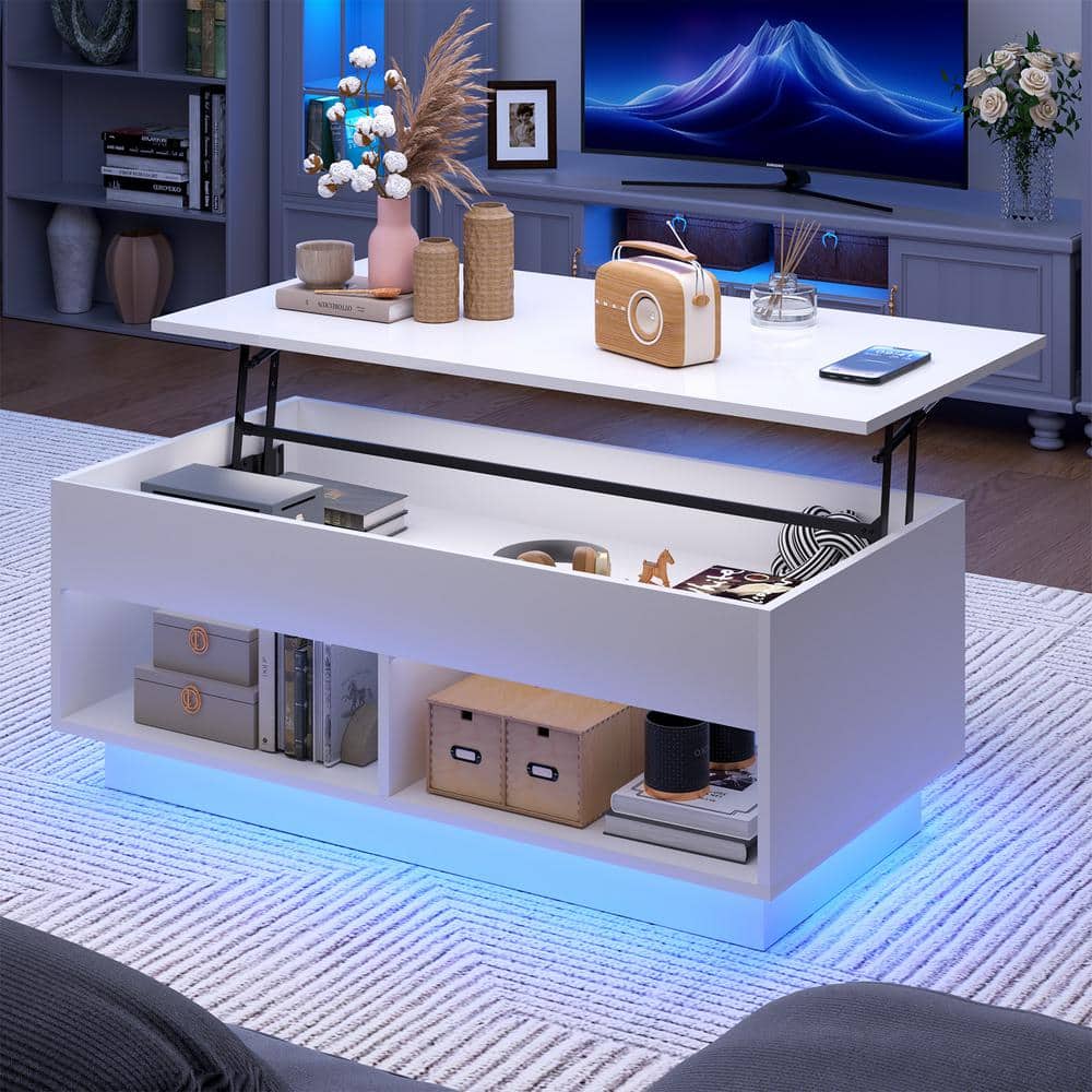 40" White Particle Board Lift-Top Coffee Table with LED Lights