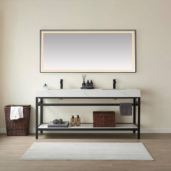 ROSWELL Funes 72 in. W x 22 in. D x 34 in. H Double Sink Bath Vanity in Matt Black with White Natural Stone Top and Mirror