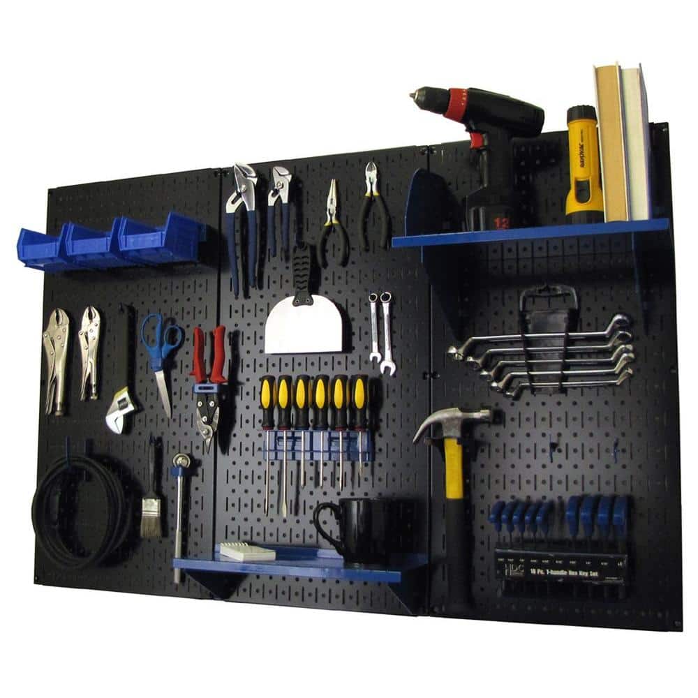Black and Blue Metal Pegboard Tool Storage Kit with Shelves