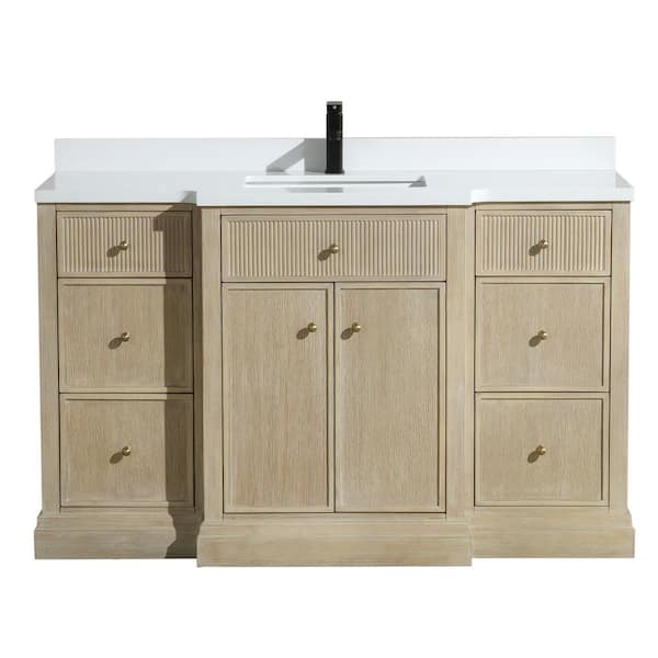 Ari Kitchen and Bath Redondo 55 W x 22 in. D x 34.5 H Single Bath Vanity in Ash Oak with Engineered Quartz Top in White with White Basin