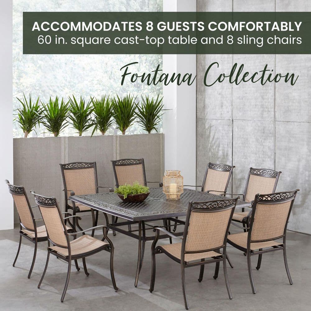 Fontana 9-Piece Bronze Outdoor Dining Set with Cast-Top Table