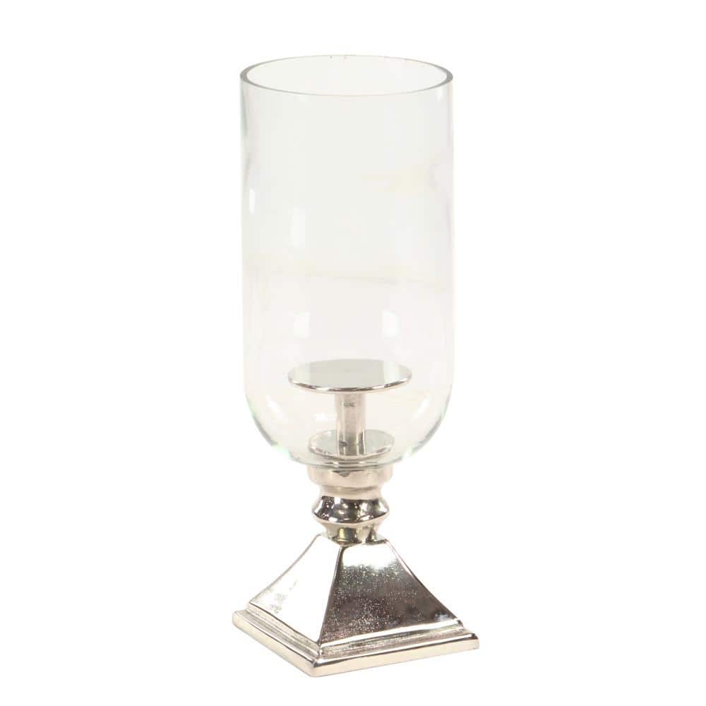 17" Silver Aluminum and Glass Hurricane Candle Holder