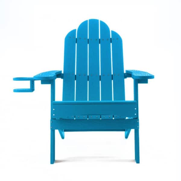 LUE BONA Miranda Blue Foldable Recycled Plastic Outdoor Patio Adirondack Chair with Cup Holder for Yard/Firepit/Pool(Set of 1)