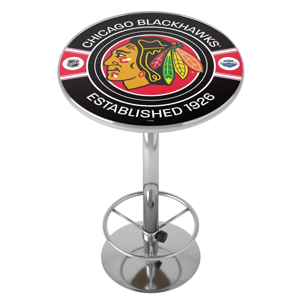 Chicago Black Hawks Patch 27 in. Chrome Round Table Top with Adjustable Foo