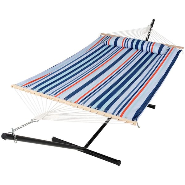 Atesun 12 ft. Free Standing, 475 lbs. Capacity, Heavy-Duty 2-Person Hammock with Stand and Detachable Pillow in Green and Blue