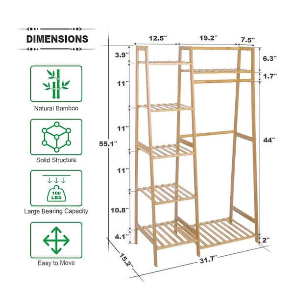 Natural Bamboo Garment Clothes Rack with Shelves 39.4 in. W x 54.7 in. H  rack-279 - The Home Depot