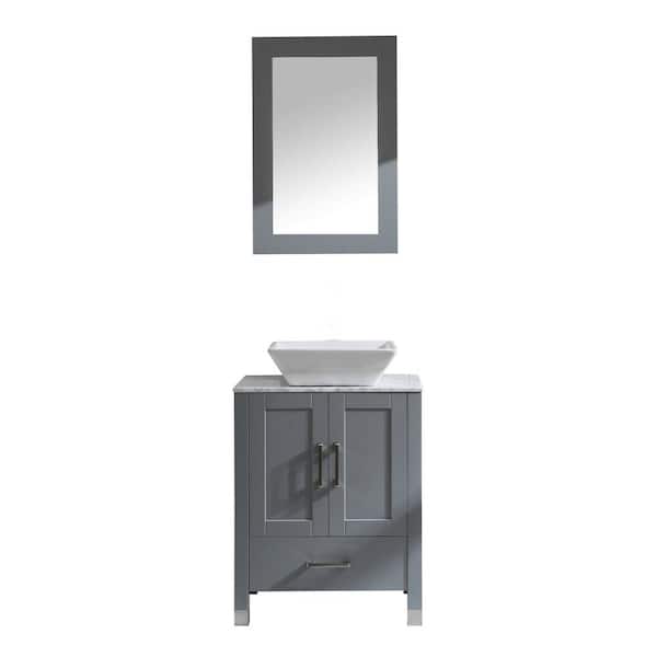 JimsMaison 24 in. W x 18.5 in. D x 36.5 in. H Single Sink Freestanding Bath Vanity in Gray with White Marble Top and Mirror