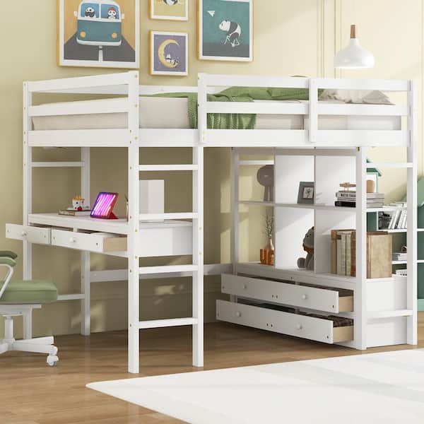 White Full Size Loft Bed with Storage Shelves, Built-in Desk and 6 Drawers