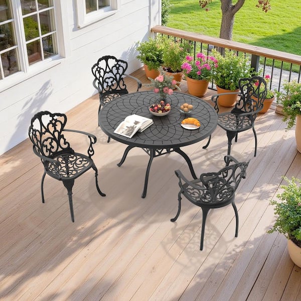 5-Piece Black Cast Aluminum Outdoor Dining Set with Off-White Cushions