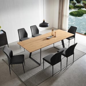 7-Piece Set of Black Chairs and  Oak Rectangular Retractable Dining Table with Carbon Steel Legs and 6 Modern Chairs