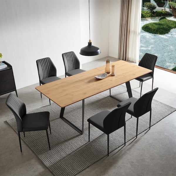 GOJANE 7-Piece Set of Black Chairs and  Oak Rectangular Retractable Dining Table with Carbon Steel Legs and 6 Modern Chairs