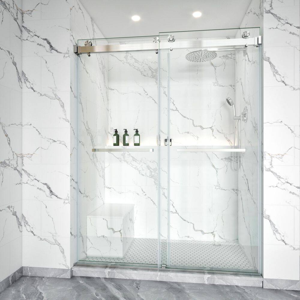44-48 in. W x 76 in. H Double Sliding Frameless Shower Door Brushed Nickel with 3/8 in. Clear Glass with 2-Towel Bar price history on PriceWatchPro