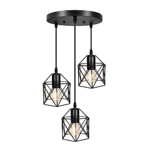 3-Light Modern Industrial Black Cage Adjustable Height Pendant Light with Metal Shade Chandelier for Kitchen Island