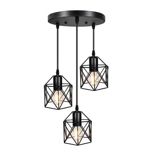 YANSUN 3-Light Modern Industrial Black Cage Adjustable Height Pendant ...