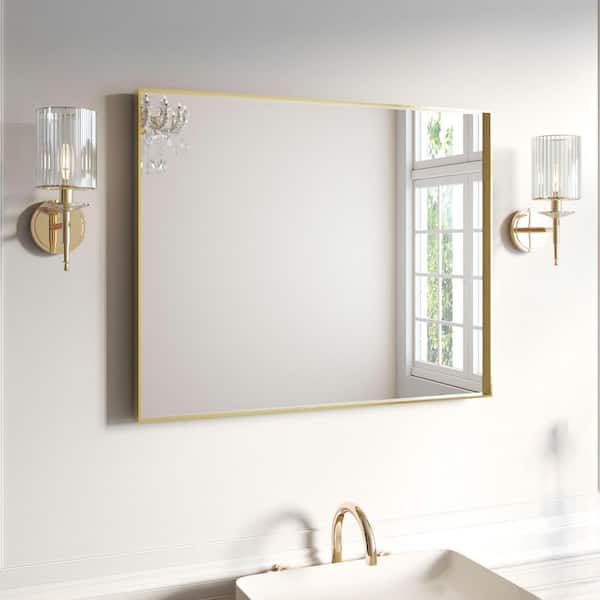 32 in. W x 40 in. H Gold Aluminum Rectangular Framed Wall Bathroom Vanity Wall Mount Mirror