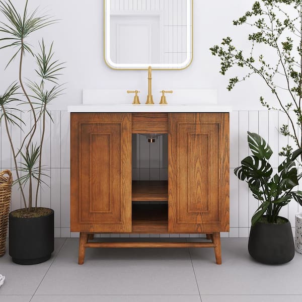 JimsMaison 36 in. W x 22 in. D x 36 in. H Single Sink Freestanding Bath Vanity in Brown with White Engineered Stone Composite Top