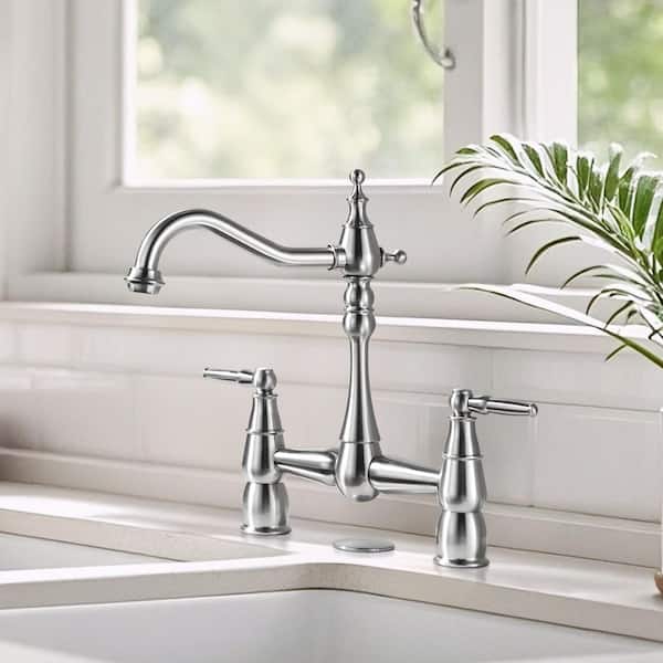 Vintage 2-Handle High Arc Bridge Kitchen Faucet with Hole Cover in Brushed Nickel