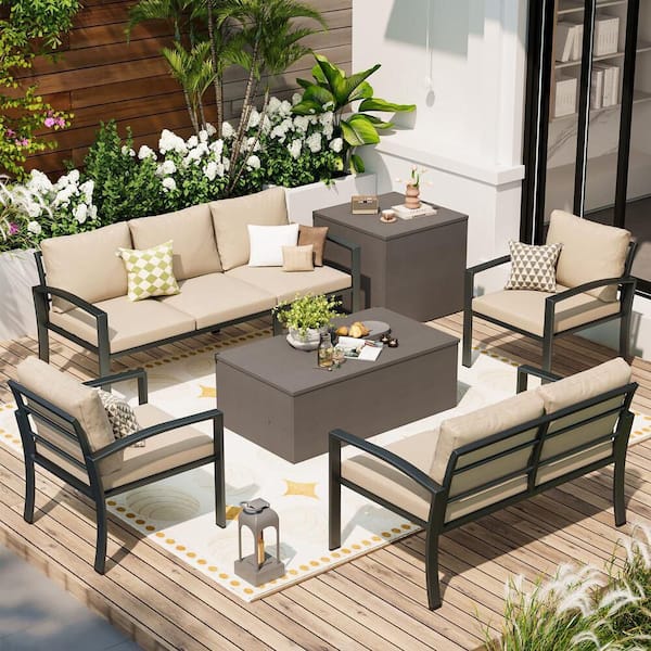 Tenleaf 6-Piece Metal Patio Conversation Set with Beige Cushions, Storage Box