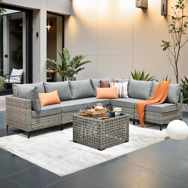 Coralia Gray 7-Piece Wicker Outdoor Sectional Set with Dark Gray Cushion & Lighted Coffee Table for Patio