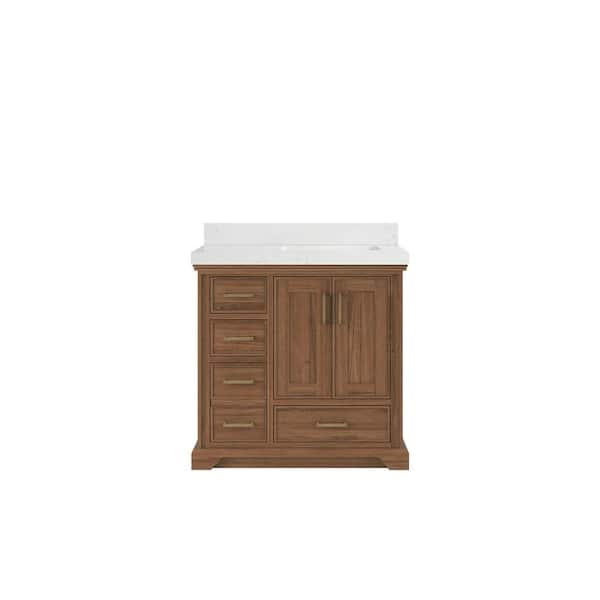 Willow Collections Charlotte Teak 36 in. W x 22 in. D x 36 in. H Right Offset Sink Bath Vanity Dark Natural with 2 in. Carrara Quartz Top
