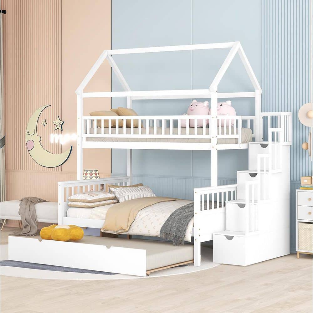 URTR White Twin Over Full Size House Bunk Bed with Trundle and Storage ...