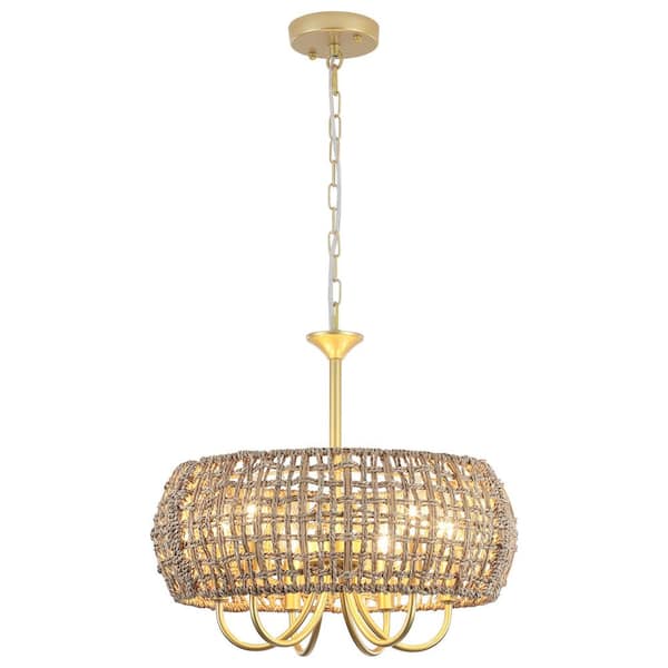 ADSENSTY 18 in. 6-Light Gold and Brown Natural Rattan Bohemian Drum Chandelier Farmhouse Pendant Light