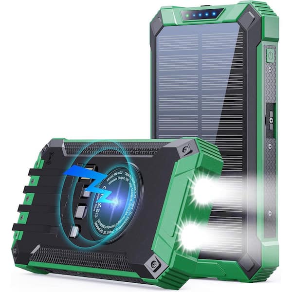 36000mAh Wireless Charger Power Bank w/ 4 Built-in Cables 15-Watt Fast Charging Solar Portable Charger Dual Flashlights