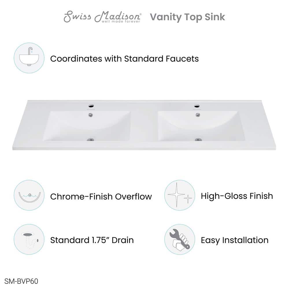 White Ceramic Double Vanity Top Bathroom Sink, 60 Inch