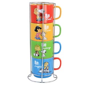 Peanuts Classic Gentle Reminders Collection Stoneware Mug Set with Metal Stand in Assorted Colors (4-Piece)